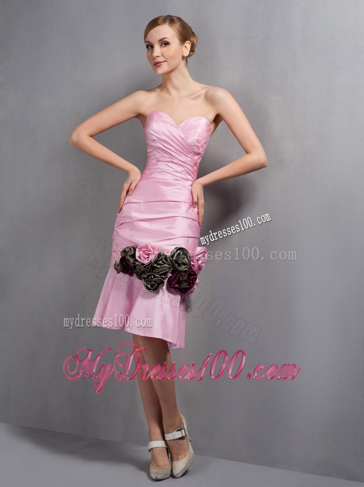 Baby Pink Column Knee-length Ruche and Hand Flowers Mother Dress