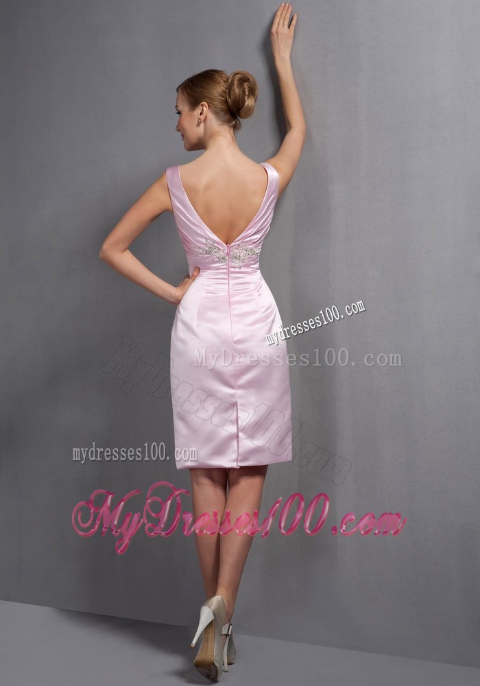 Baby Pink V-neck Knee-length Ruche and Appliques Mother Dress