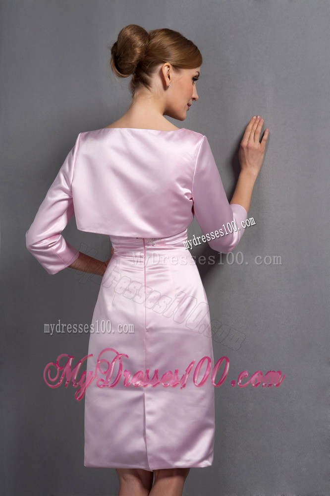 Baby Pink V-neck Knee-length Ruche and Appliques Mother Dress