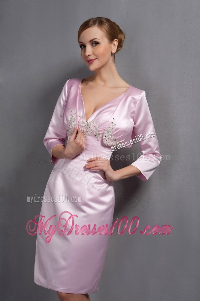 Baby Pink V-neck Knee-length Ruche and Appliques Mother Dress