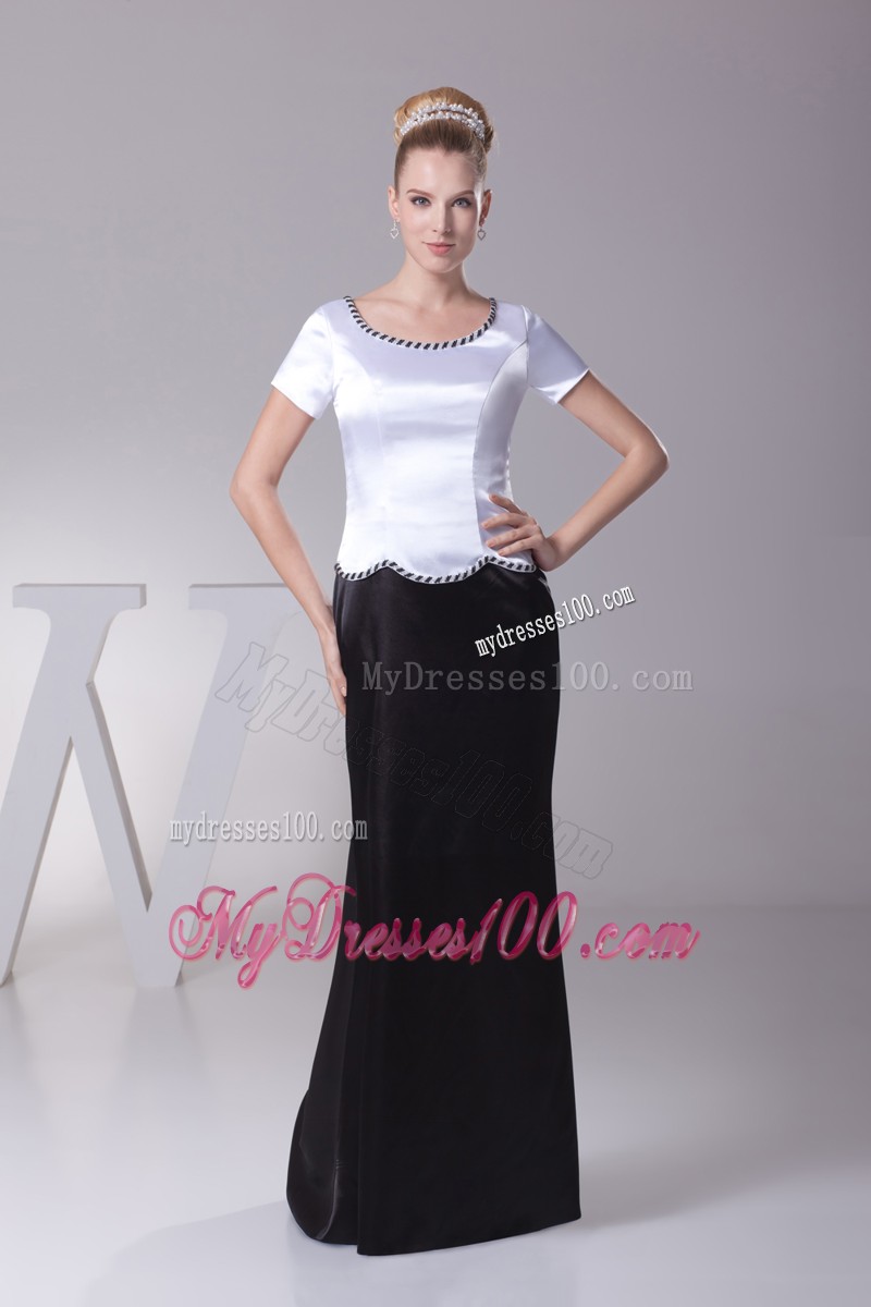 White and Black Beading Scoop Column Short Sleeves Mother Bride Dress