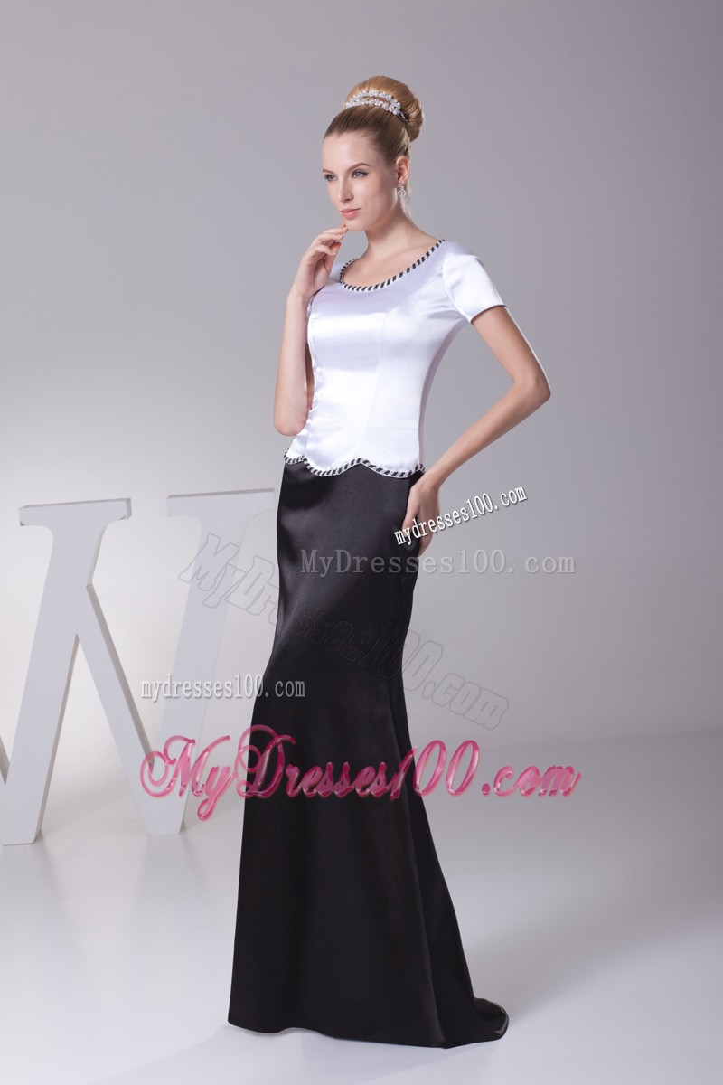 White and Black Beading Scoop Column Short Sleeves Mother Bride Dress