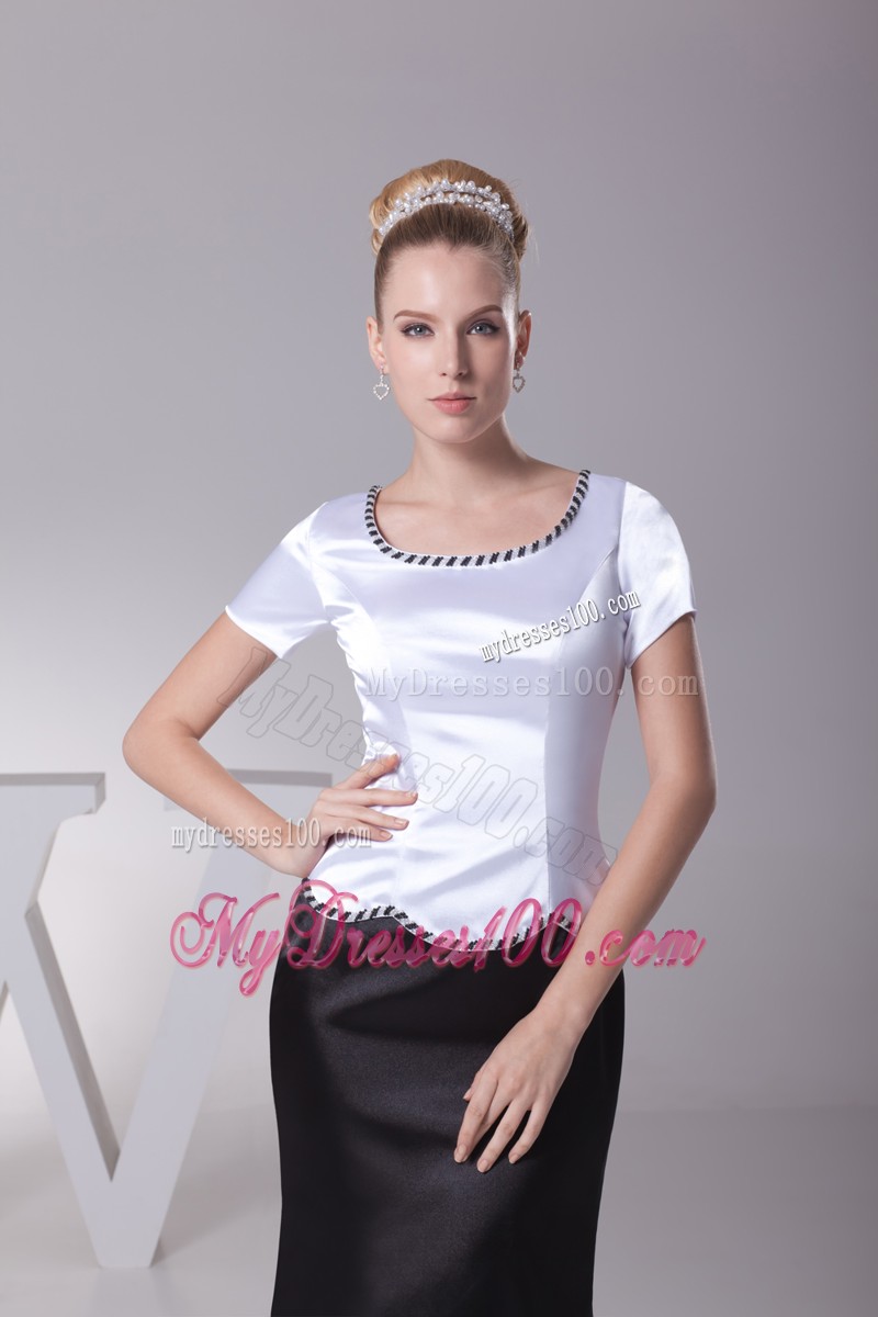 White and Black Beading Scoop Column Short Sleeves Mother Bride Dress