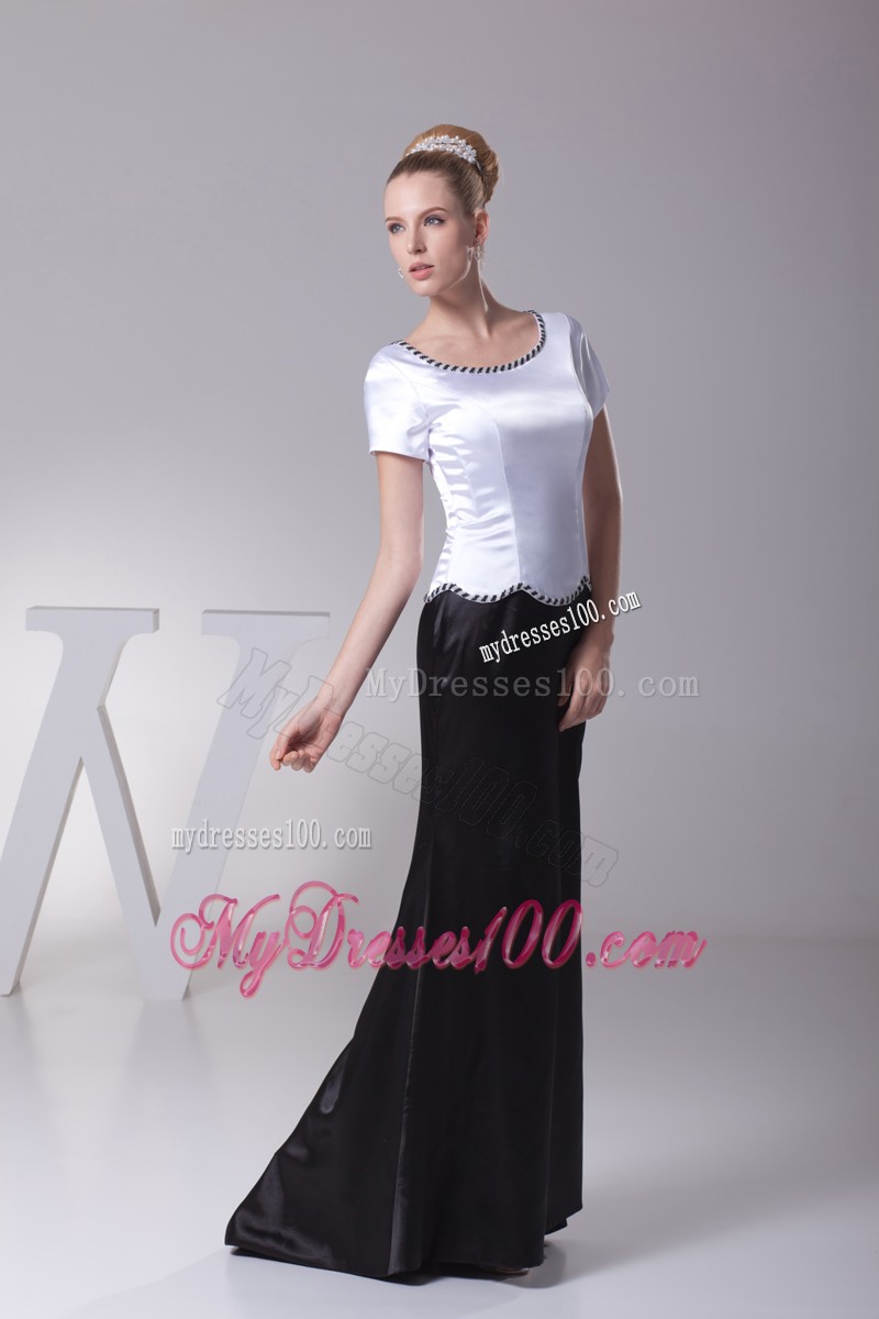 White and Black Beading Scoop Column Short Sleeves Mother Bride Dress