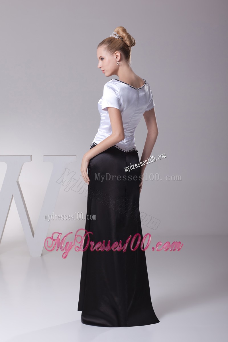 White and Black Beading Scoop Column Short Sleeves Mother Bride Dress