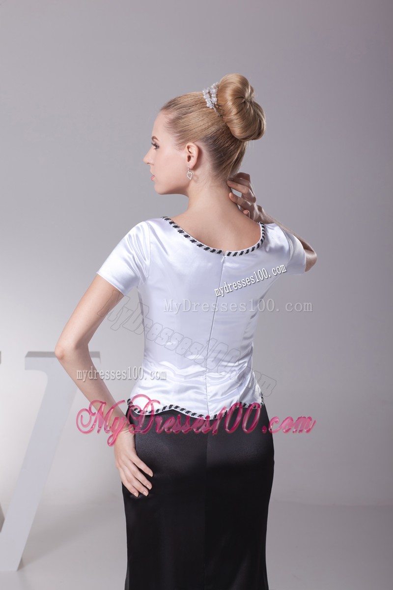 White and Black Beading Scoop Column Short Sleeves Mother Bride Dress