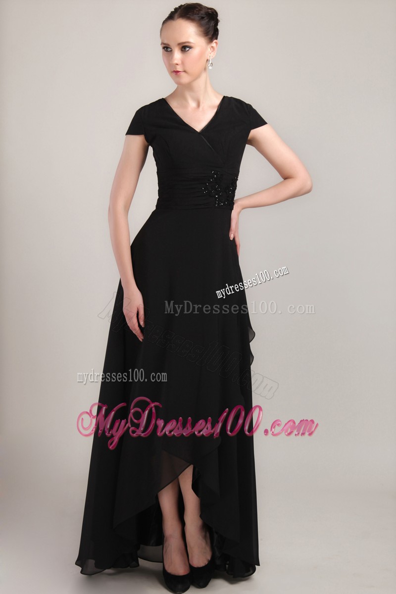 Black Sheath V-neck Short Sleeves Beading and Ruche Mother Bride Dress