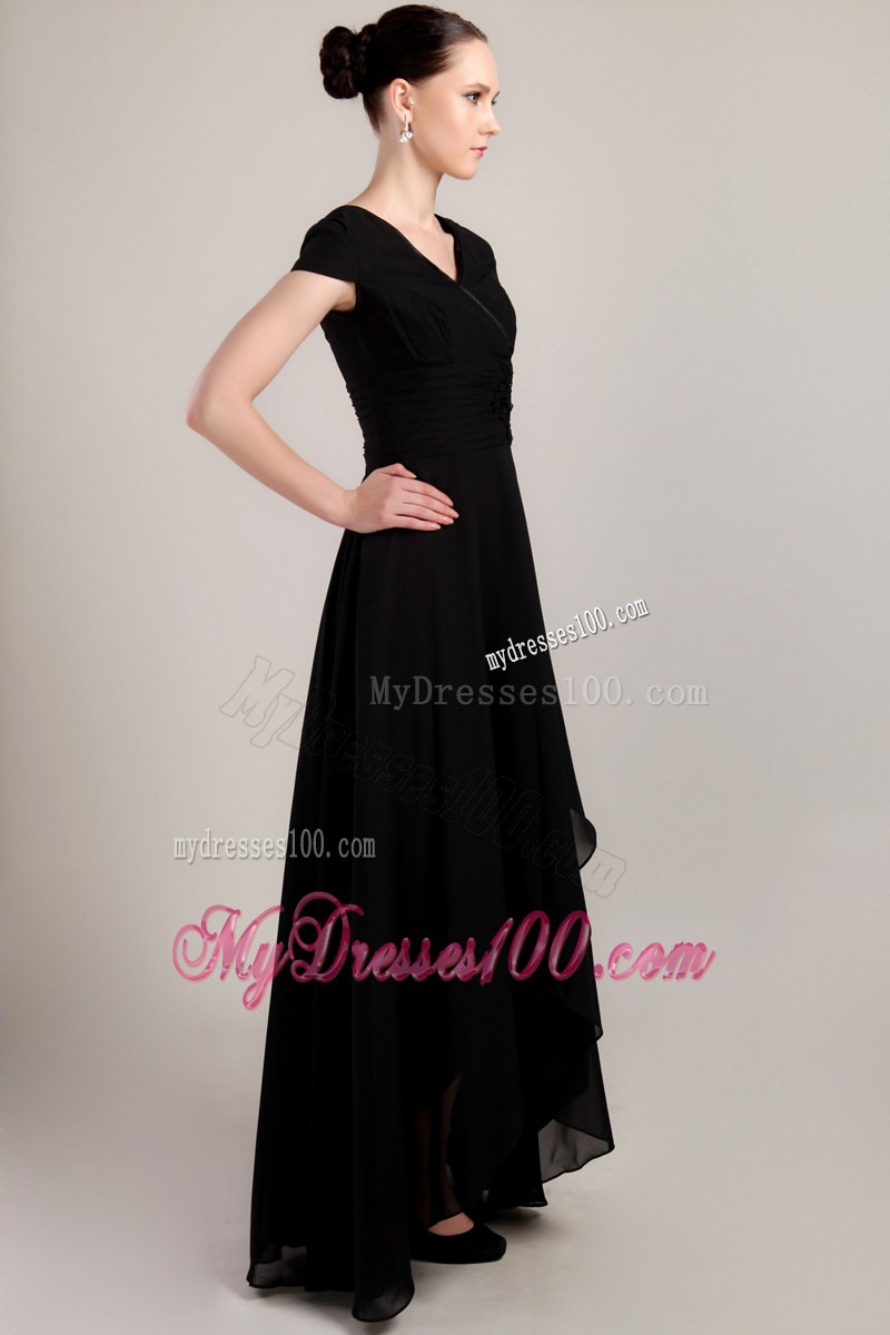 Black Sheath V-neck Short Sleeves Beading and Ruche Mother Bride Dress