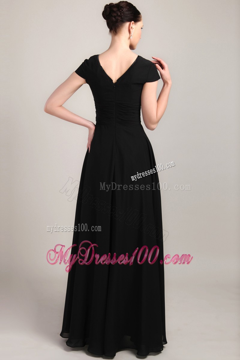Black Sheath V-neck Short Sleeves Beading and Ruche Mother Bride Dress