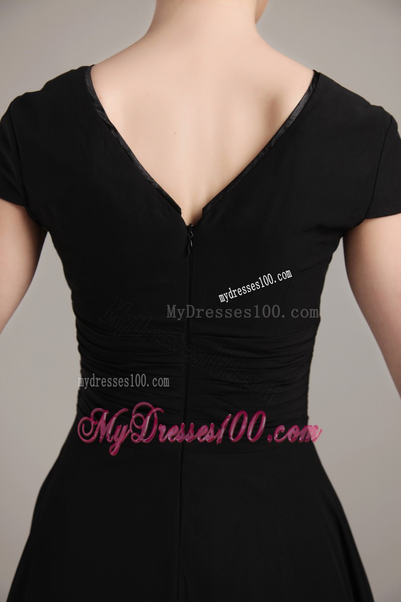Black Sheath V-neck Short Sleeves Beading and Ruche Mother Bride Dress