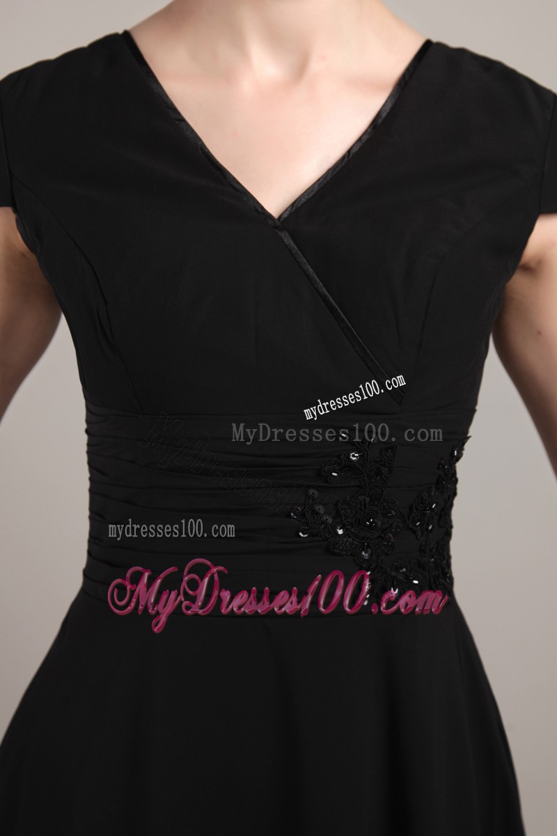 Black Sheath V-neck Short Sleeves Beading and Ruche Mother Bride Dress