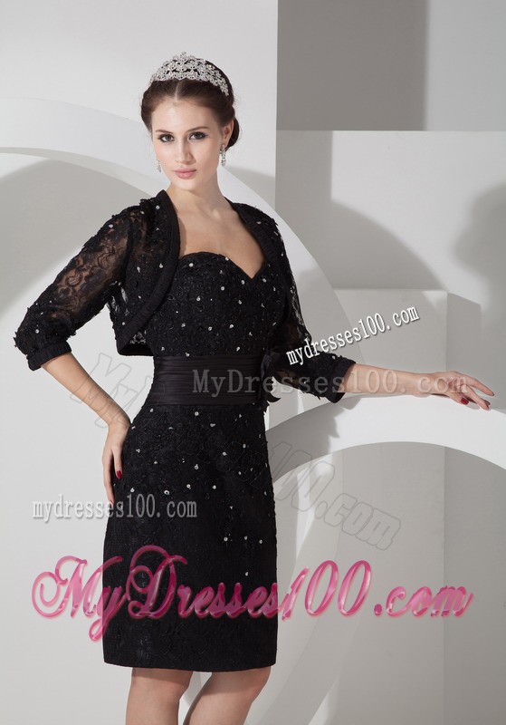 Black Column Sweetheart Belt and Beading Mini Mother Bride Dress