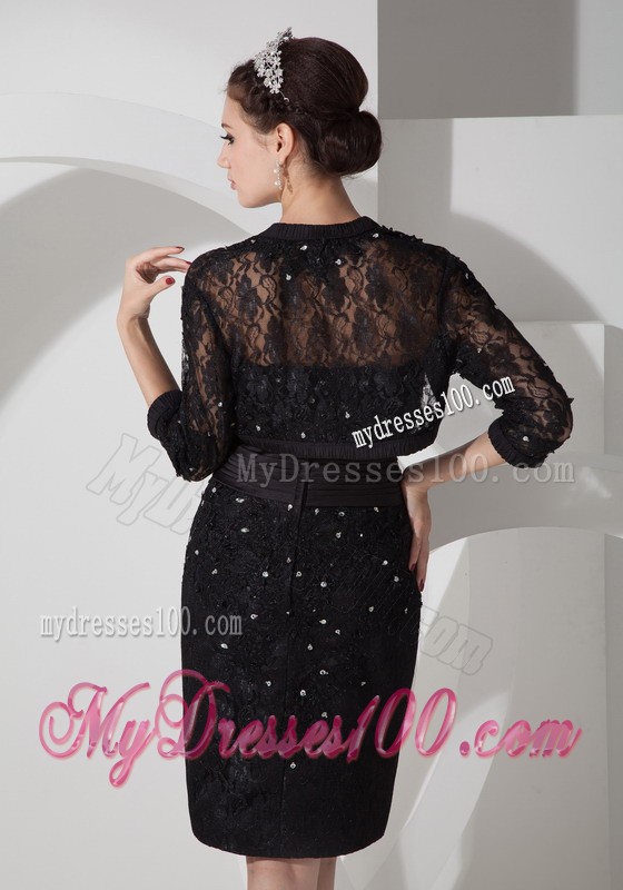Black Column Sweetheart Belt and Beading Mini Mother Bride Dress