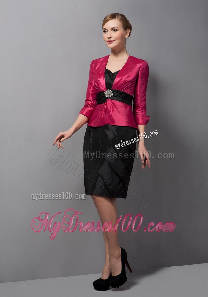 Black and Hot Pink Column Mini-length Belt Mother of the Bride Dress