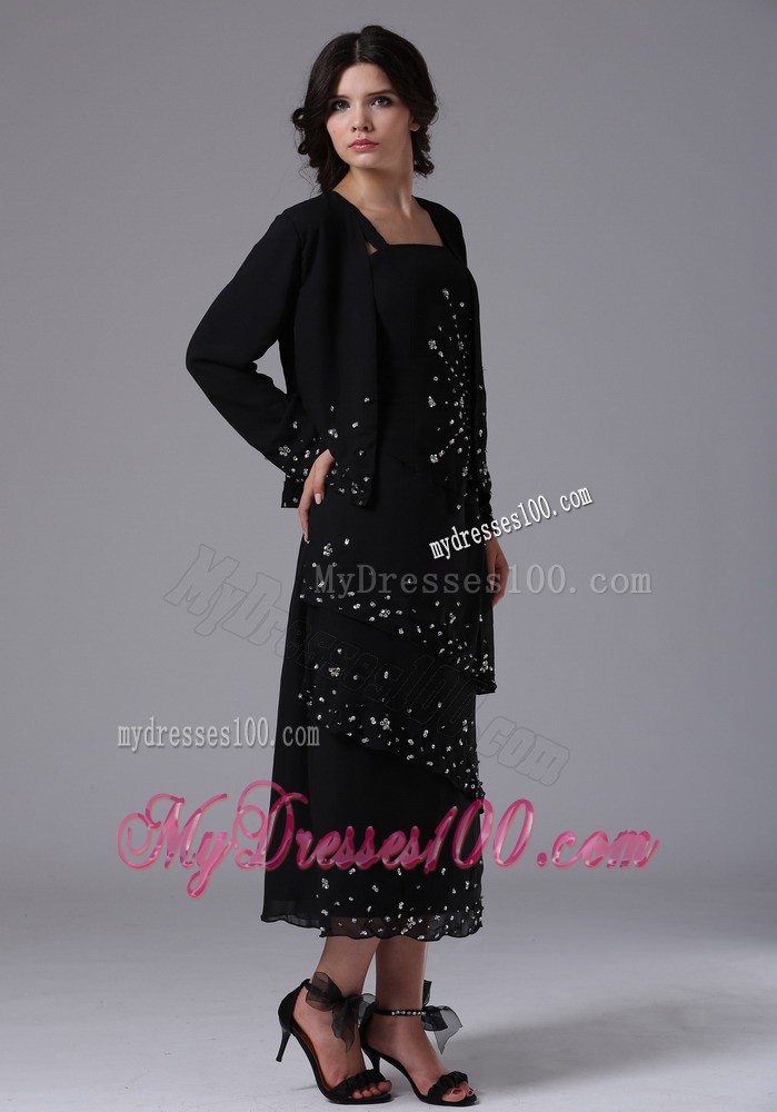 Black Jacket Straps and Beading Mother of the Bride Dress with Layers