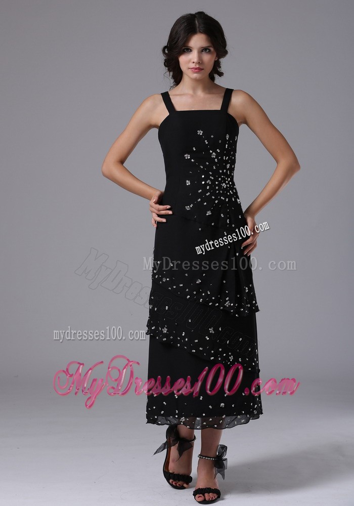Black Jacket Straps and Beading Mother of the Bride Dress with Layers