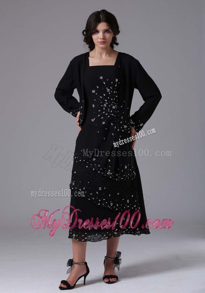 Black Jacket Straps and Beading Mother of the Bride Dress with Layers