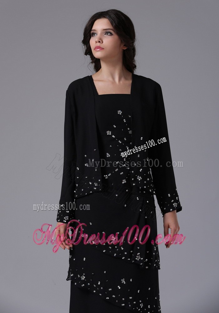 Black Jacket Straps and Beading Mother of the Bride Dress with Layers