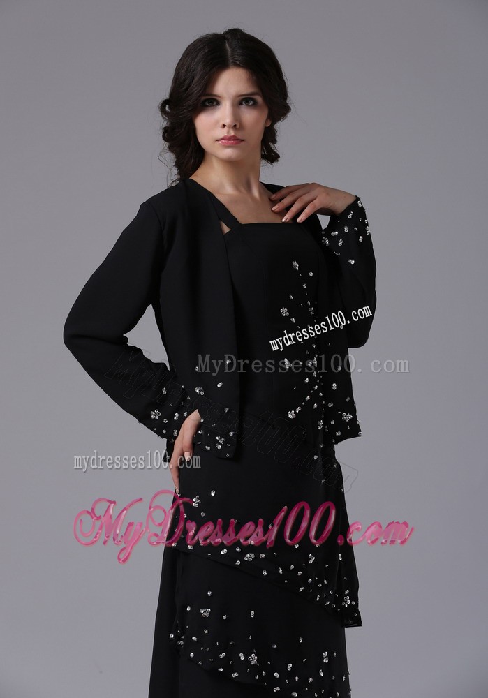 Black Jacket Straps and Beading Mother of the Bride Dress with Layers