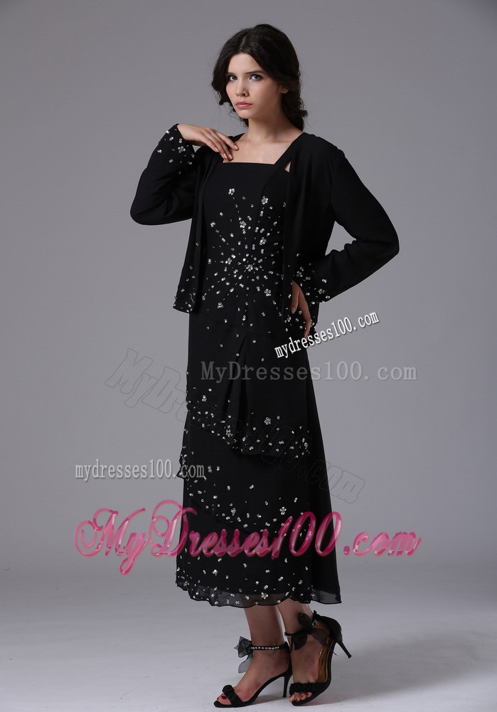 Black Jacket Straps and Beading Mother of the Bride Dress with Layers