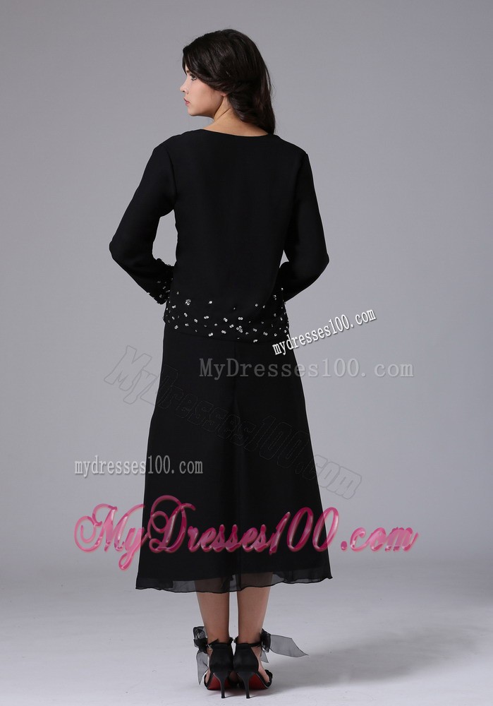 Black Jacket Straps and Beading Mother of the Bride Dress with Layers