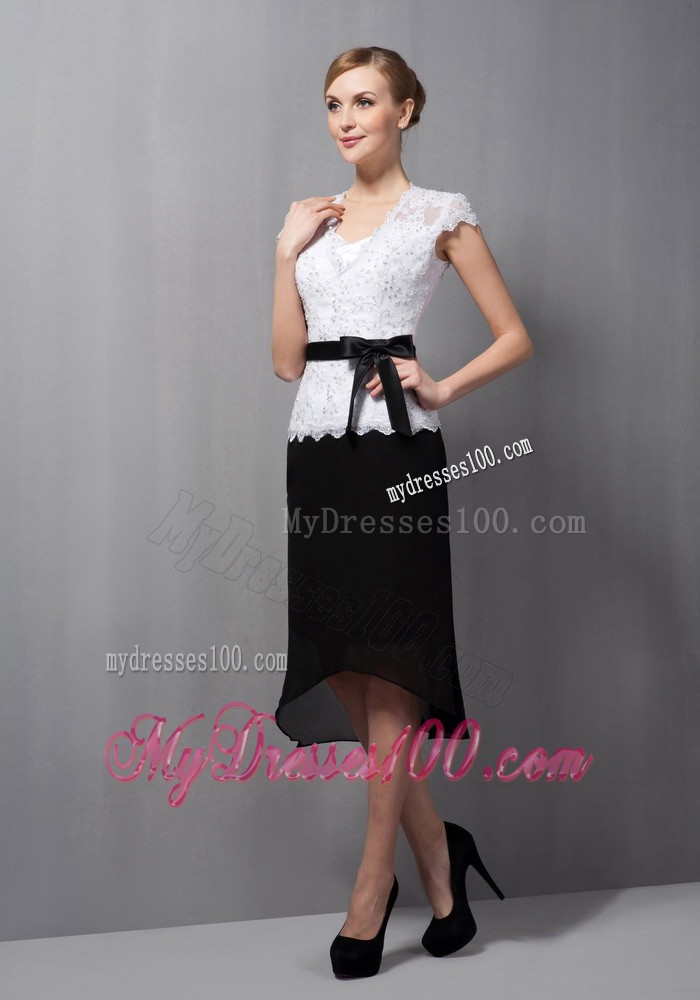 Black and White Column Square Tea-length Lace and Chiffon Sash Mother Of The Bride Dress