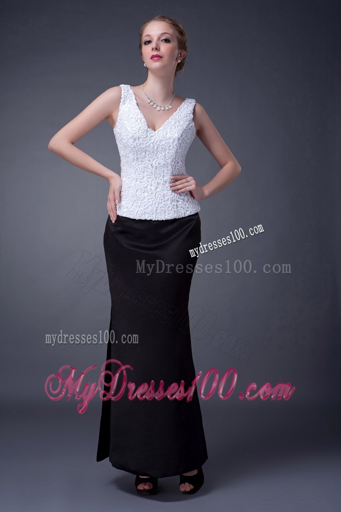 Black and White V-neck Ankle-length Lace and Satin Mother Bride Dress