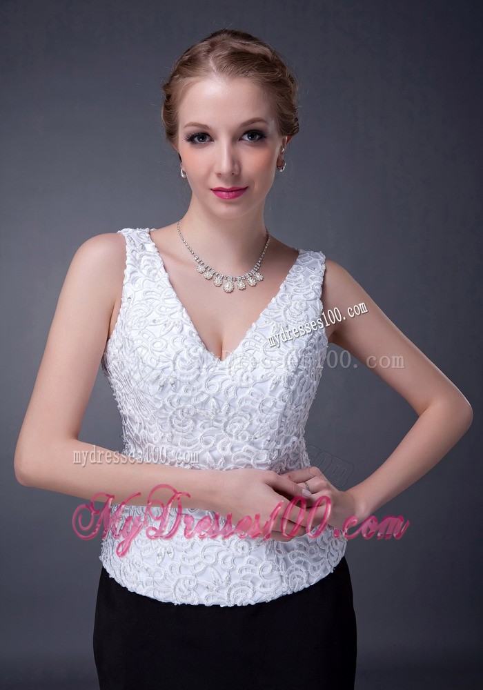Black and White V-neck Ankle-length Lace and Satin Mother Bride Dress