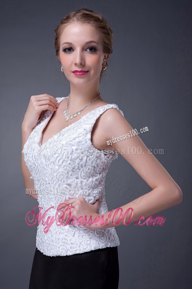 Black and White V-neck Ankle-length Lace and Satin Mother Bride Dress