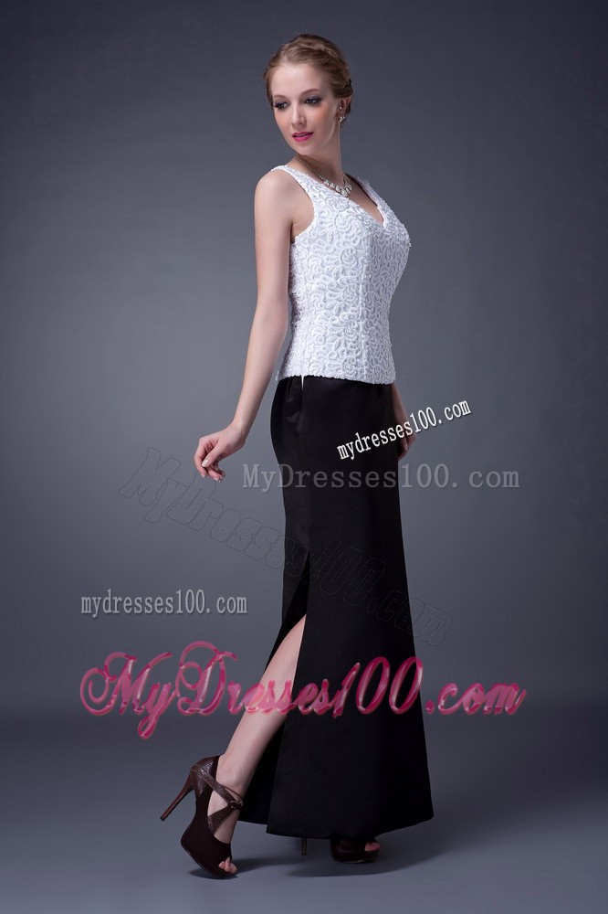 Black and White V-neck Ankle-length Lace and Satin Mother Bride Dress