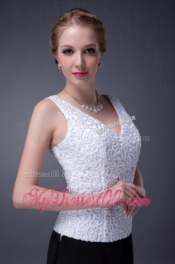Black and White V-neck Ankle-length Lace and Satin Mother Bride Dress