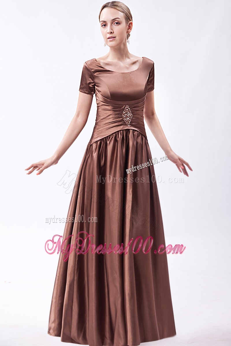 Brown Scoop Floor-length Beading Prom Dress with Short Sleeves