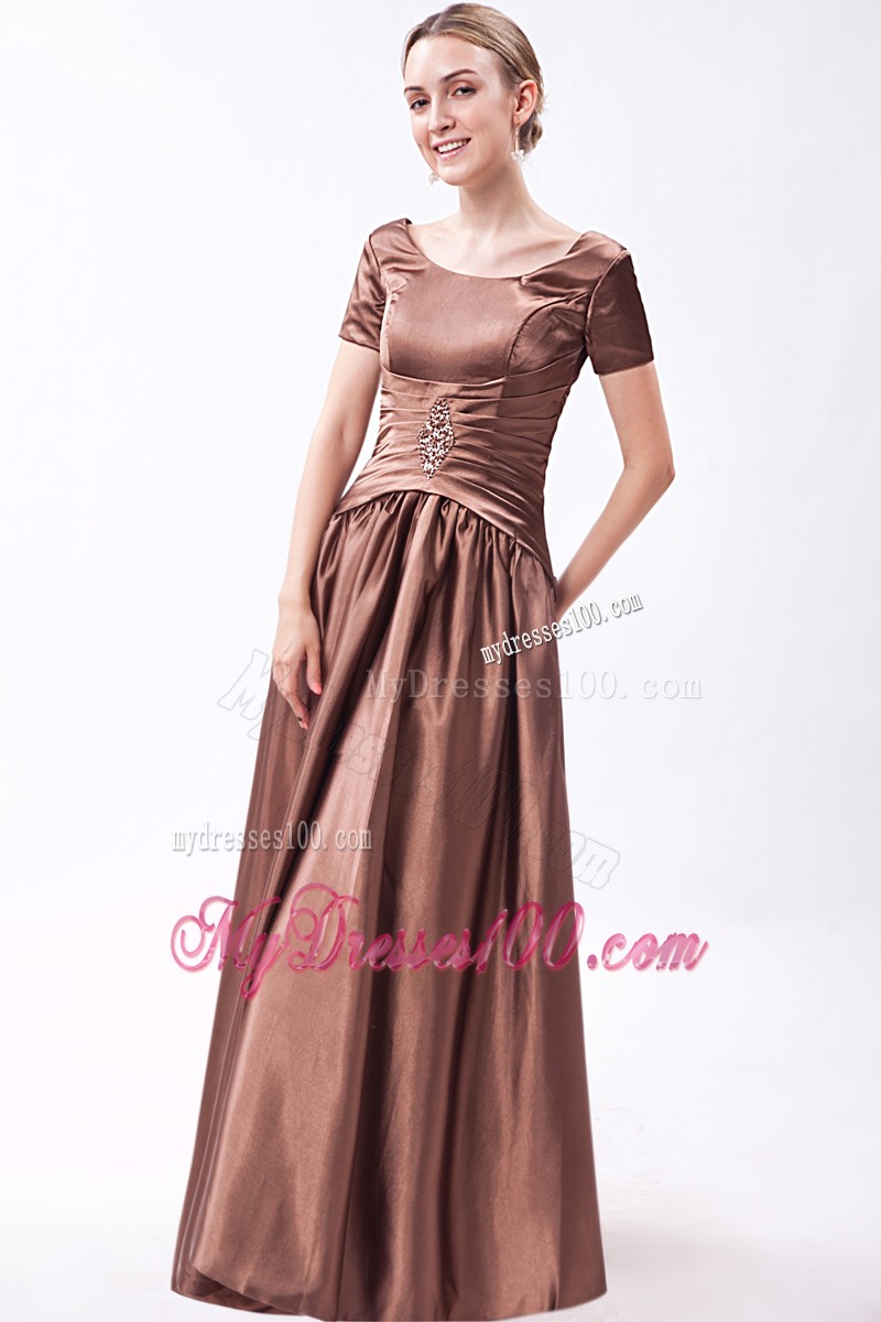 Brown Scoop Floor-length Beading Prom Dress with Short Sleeves
