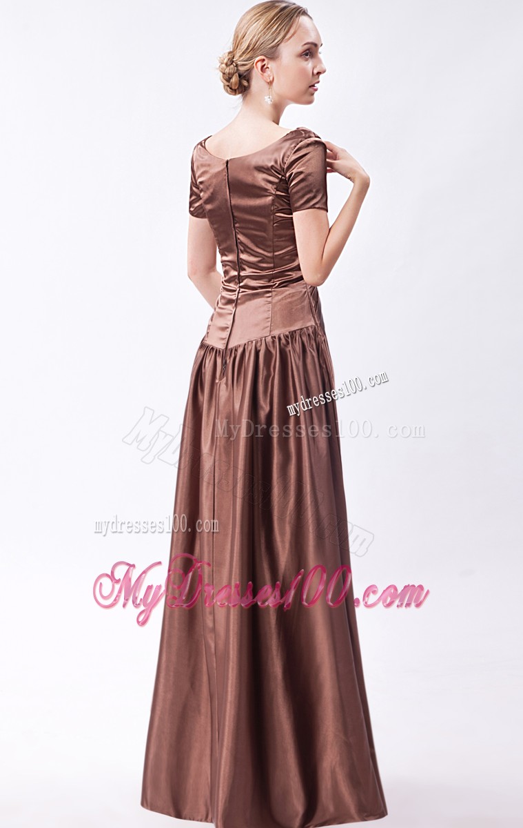Brown Scoop Floor-length Beading Prom Dress with Short Sleeves