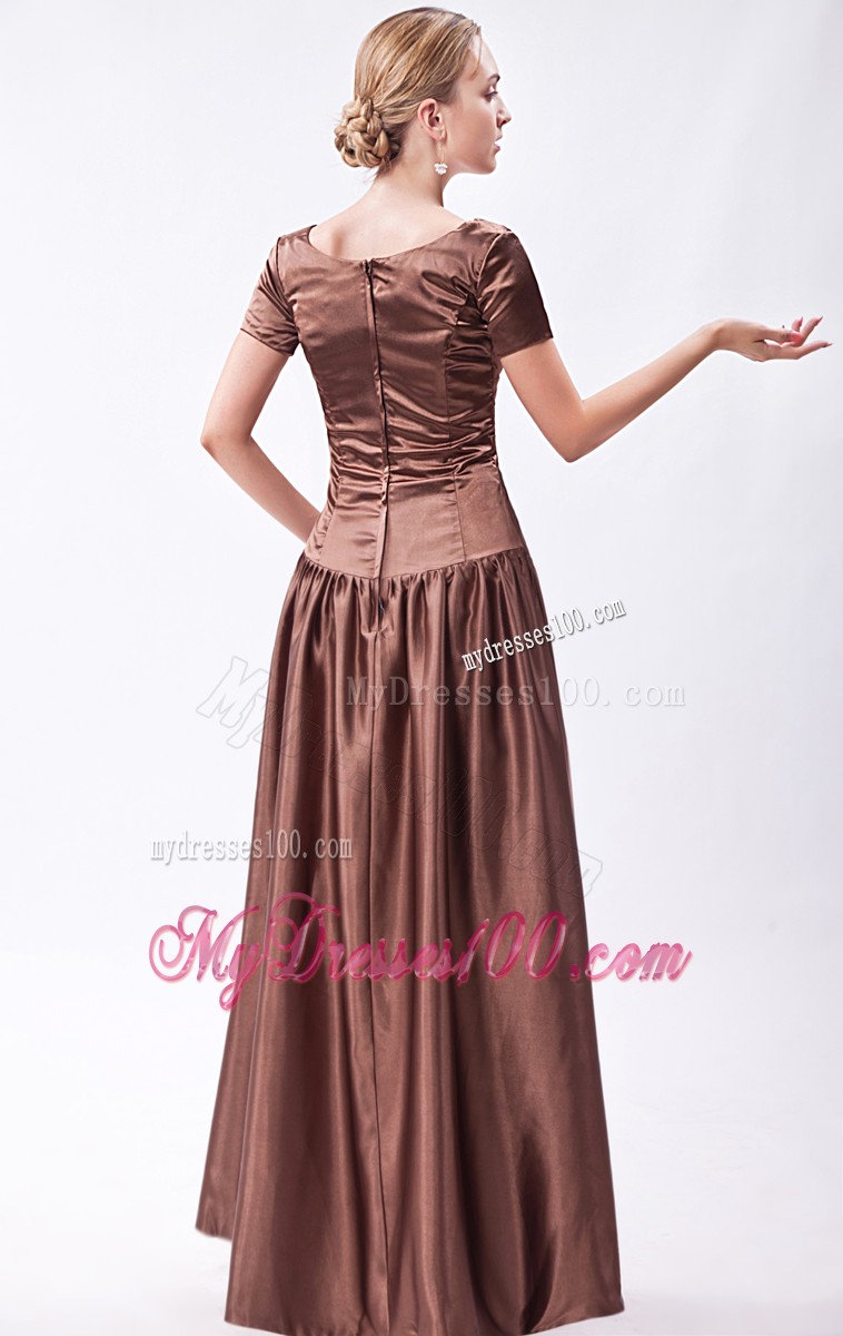 Brown Scoop Floor-length Beading Prom Dress with Short Sleeves