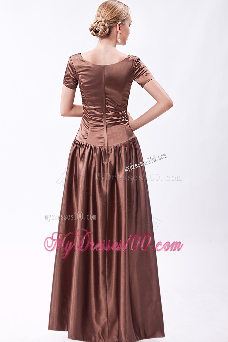 Brown Scoop Floor-length Beading Prom Dress with Short Sleeves