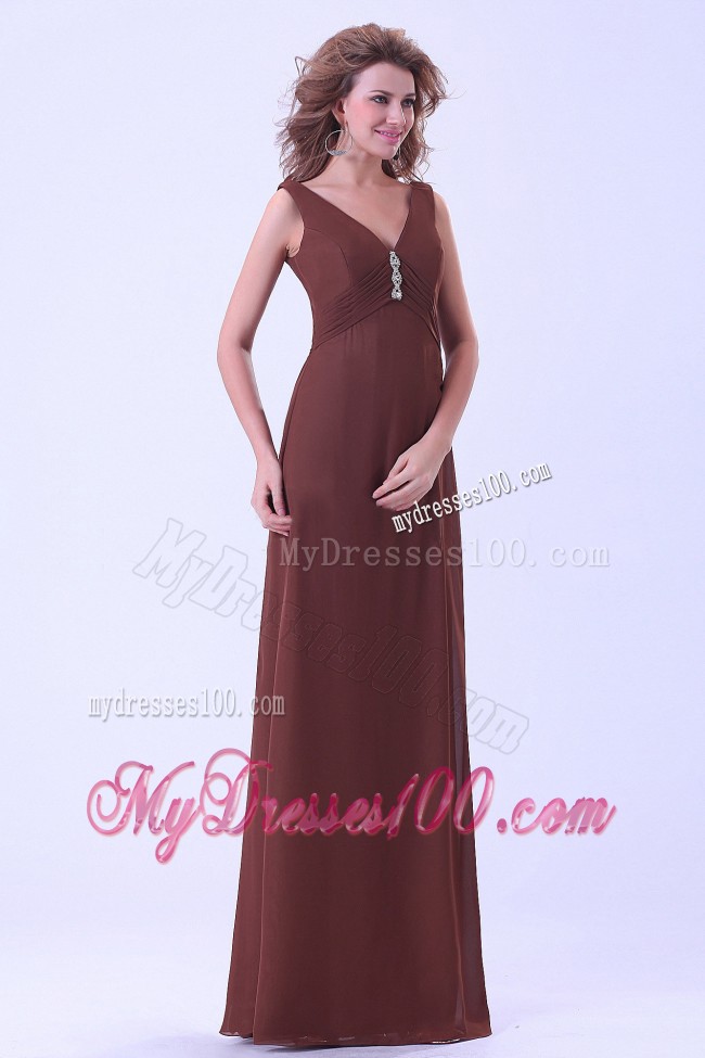 Brown Mother of the Bride Dress V-neck Empire Decorated Beading