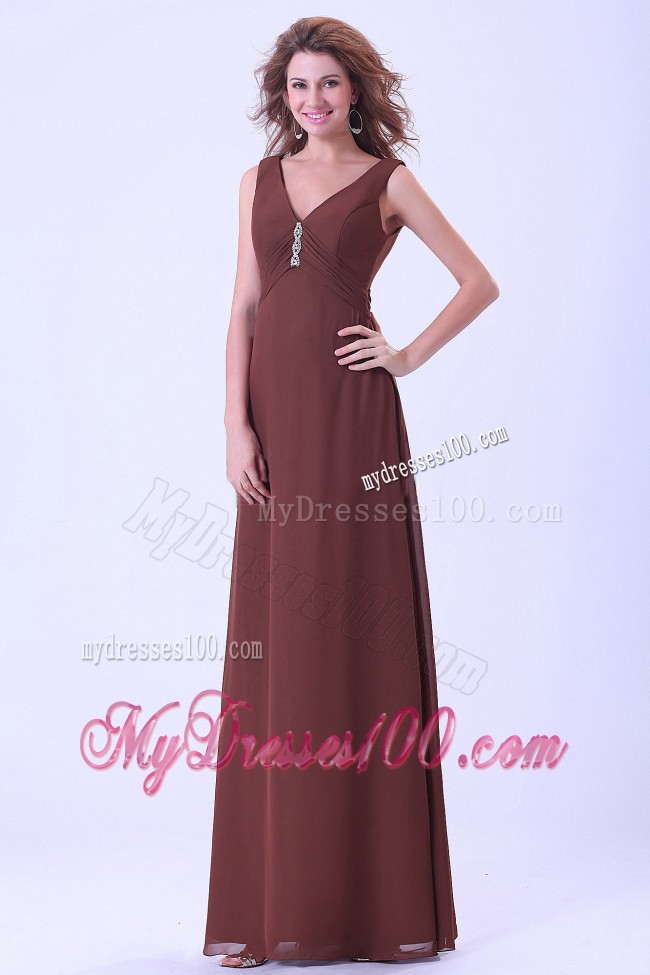 Brown Mother of the Bride Dress V-neck Empire Decorated Beading