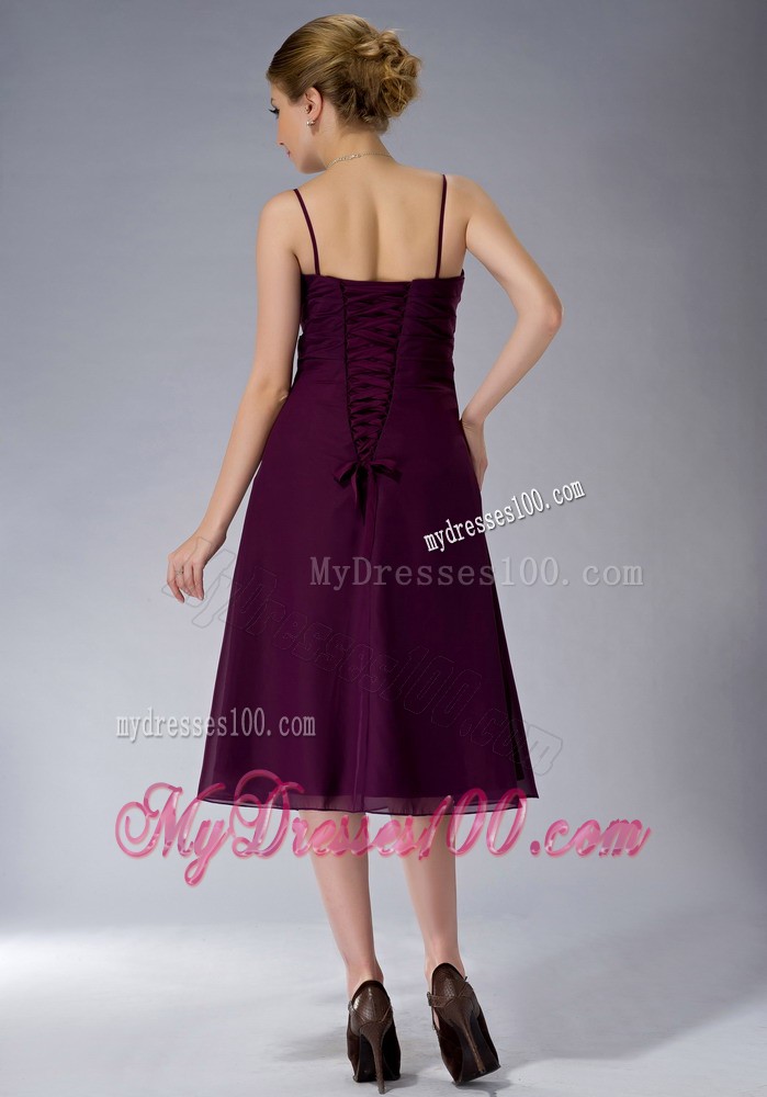 Burgundy Straps Knee-length Beading Mother of the Bride Dress