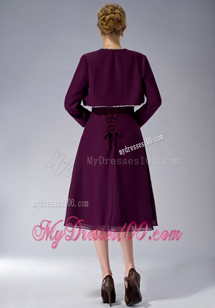 Burgundy Straps Knee-length Beading Mother of the Bride Dress