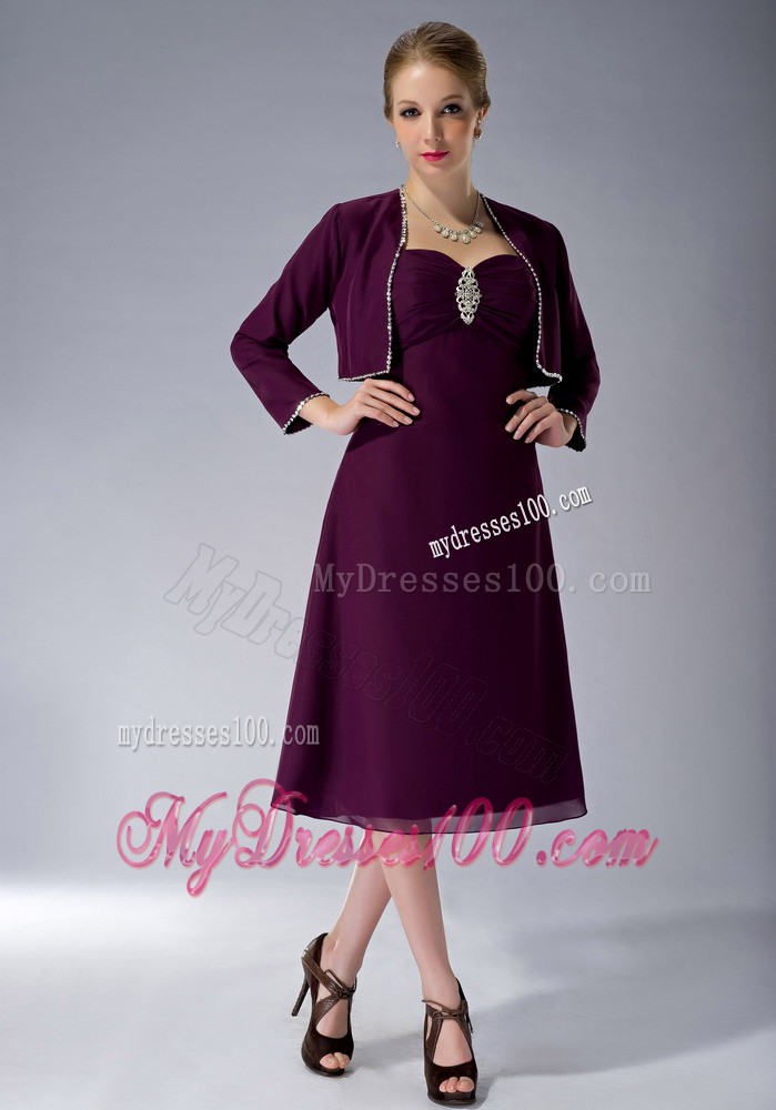 Burgundy Straps Knee-length Beading Mother of the Bride Dress