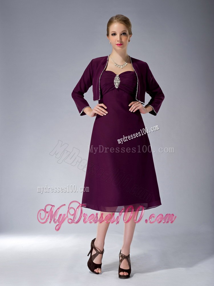 Burgundy Straps Knee-length Beading Mother of the Bride Dress