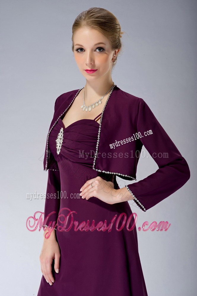 Burgundy Straps Knee-length Beading Mother of the Bride Dress