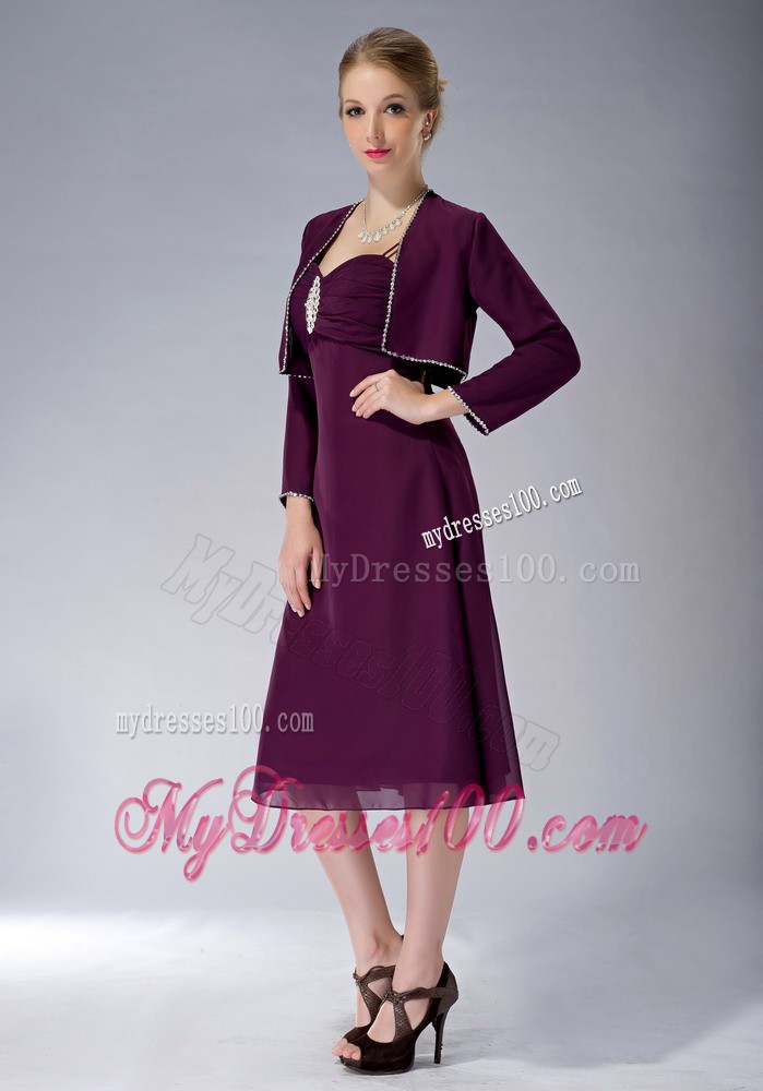 Burgundy Straps Knee-length Beading Mother of the Bride Dress
