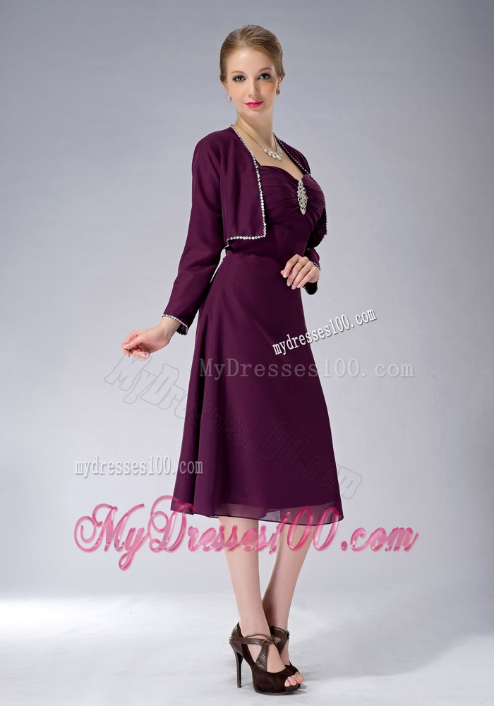 Burgundy Straps Knee-length Beading Mother of the Bride Dress