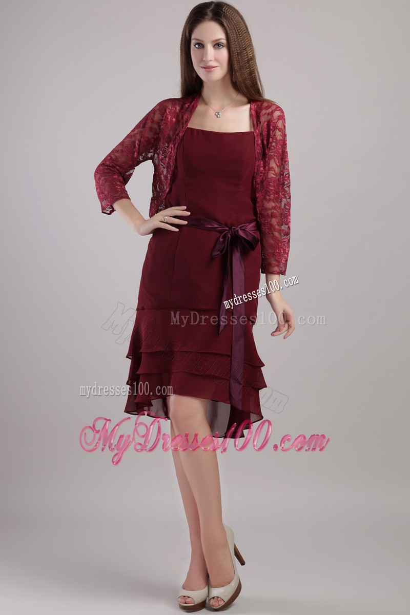 Burgundy Sheath Strapless Knee-length Sash Mother of the Bride Dress