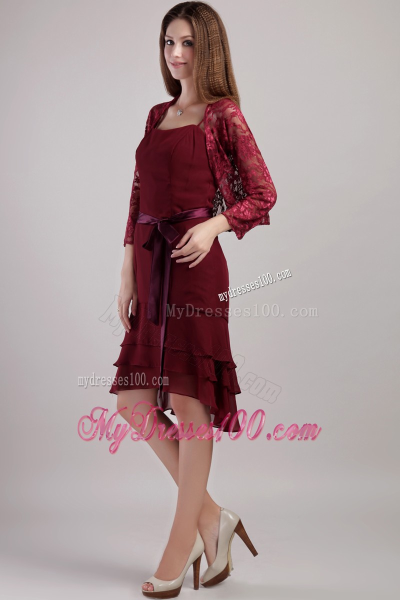 Burgundy Sheath Strapless Knee-length Sash Mother of the Bride Dress