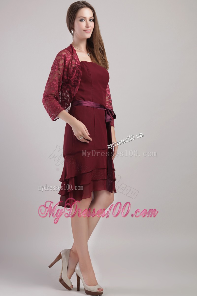 Burgundy Sheath Strapless Knee-length Sash Mother of the Bride Dress