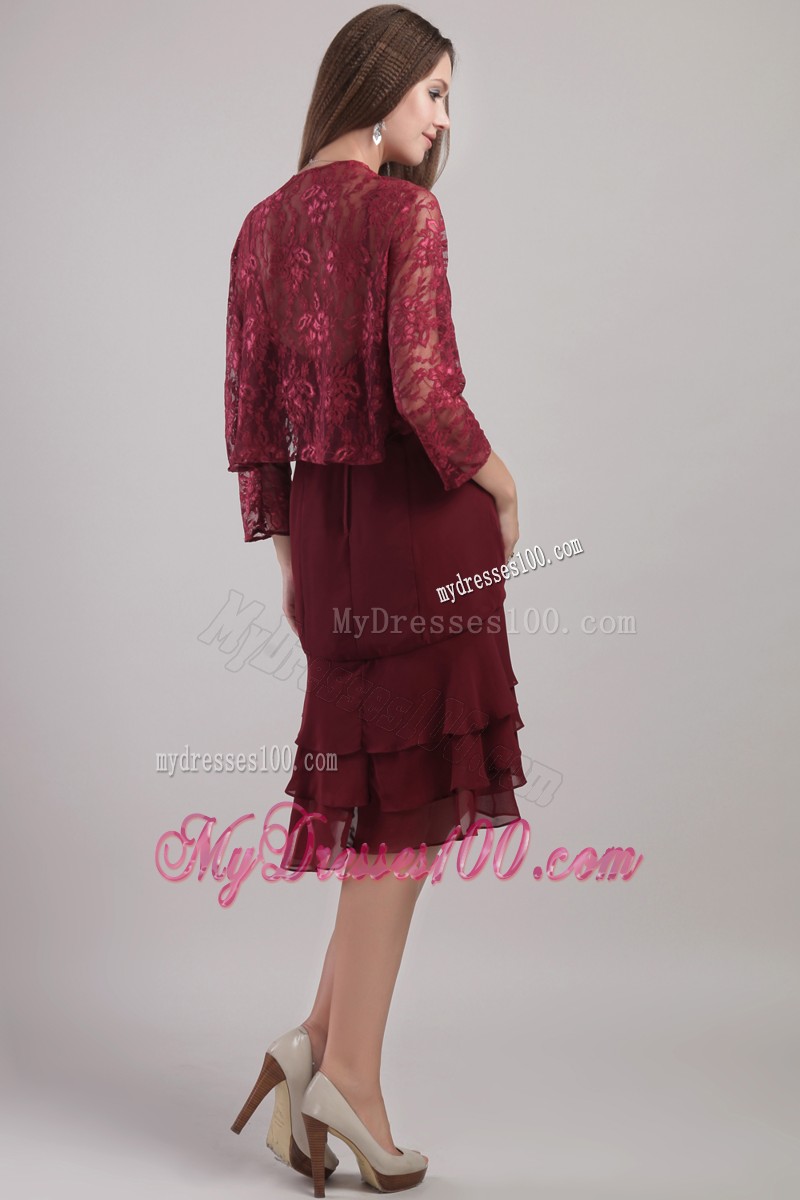 Burgundy Sheath Strapless Knee-length Sash Mother of the Bride Dress