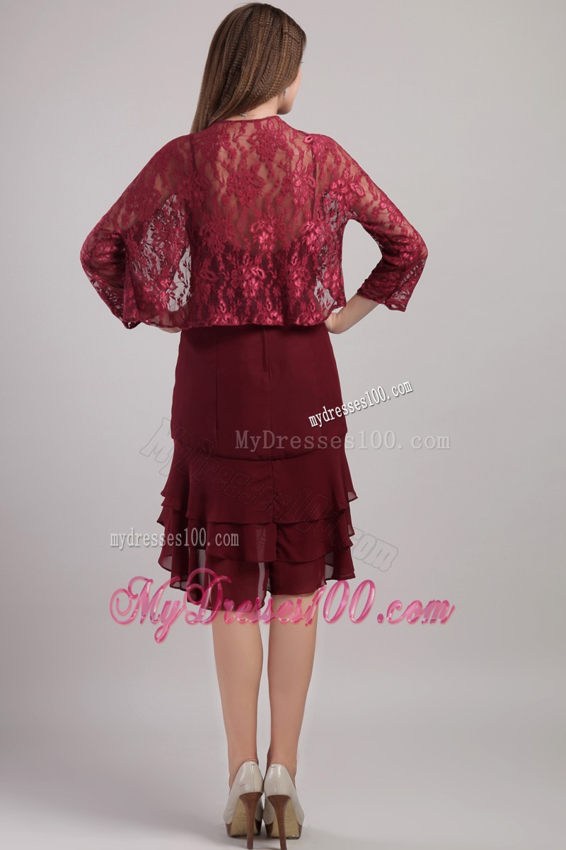 Burgundy Sheath Strapless Knee-length Sash Mother of the Bride Dress